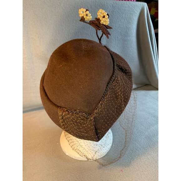Ladies Brown Hat with Beaded Flowers and Netting by Boston Store Sz 22.5 - Picture 4 of 9